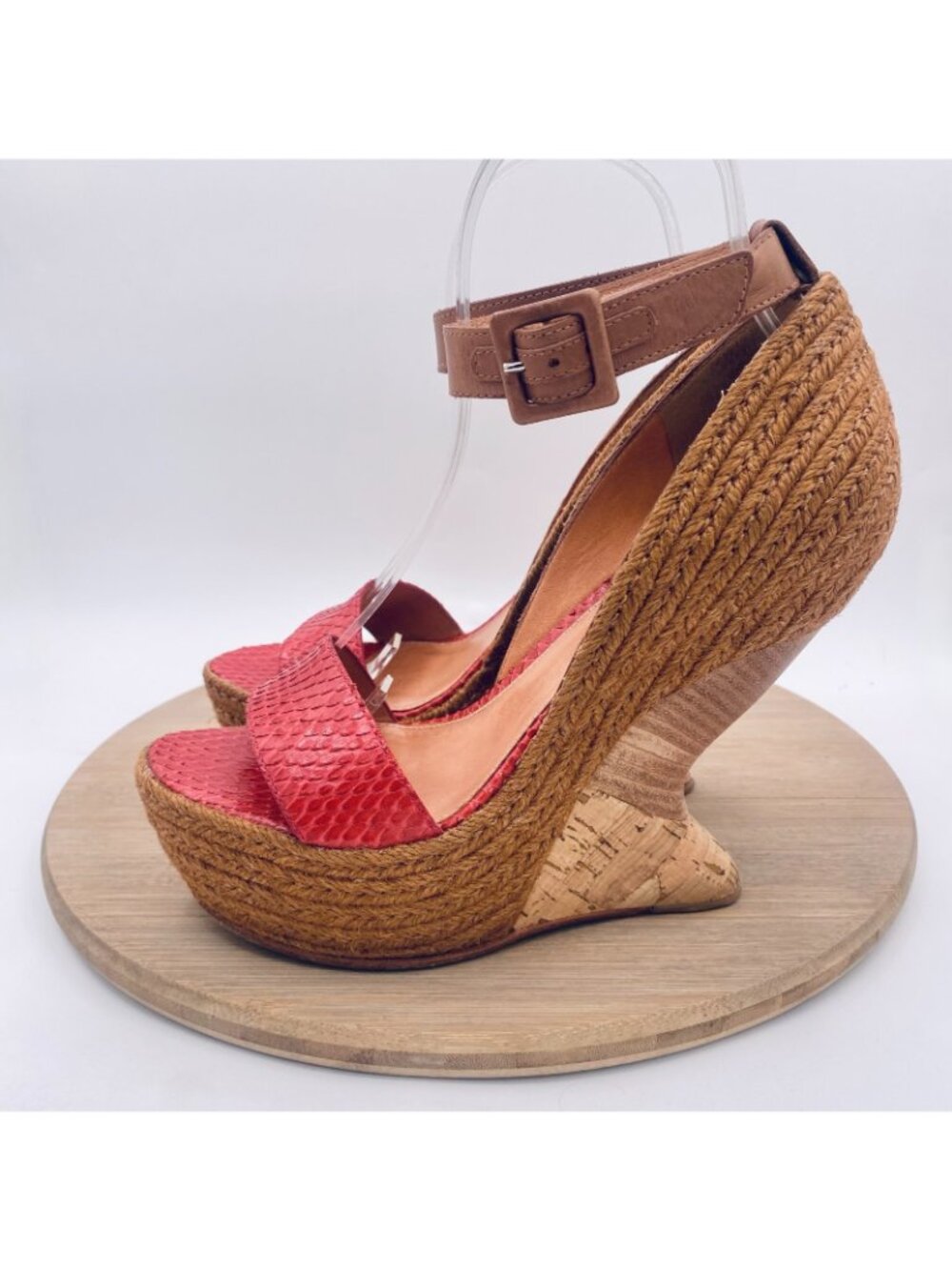 Anthropologie Lifsdottir Shoes Womens 7.5 38 Red Snakeskin Leather Wedge Heels - Picture 6 of 13